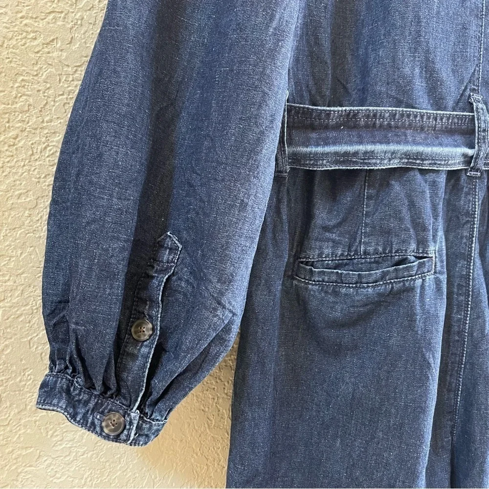 J. Crew Coverall Jumpsuit Puff Sleeve Denim Linen Casual Chic Boho Blue 10 Tall